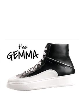 The Office of Angela Scott Gemma Black White Leather High Top Sneakers Size 7.5